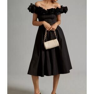 Maeve by Anthropologie Ruffled Neckline Pleated Cotton Dress Women's Sz M Black